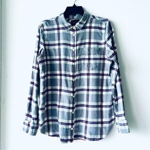 Women’s J. Crew Shirt Boy Button Up Flannel Gray Plaid Size 6 Preppy Farm
